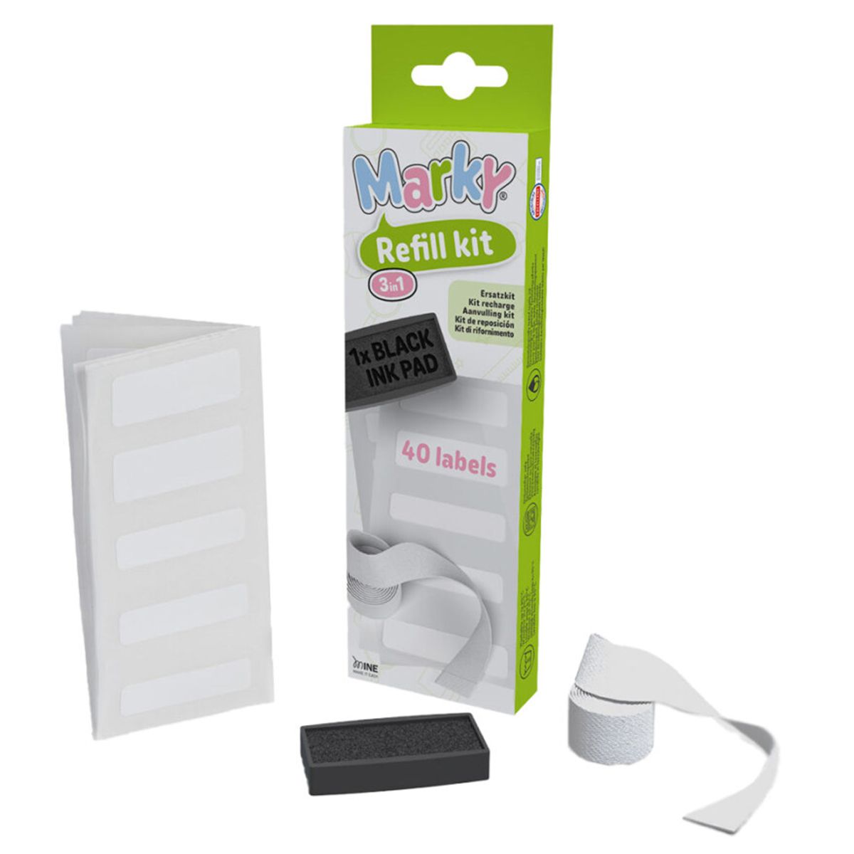 DIY Marky Refillsett – 40 etiketter, tape og blekkpute